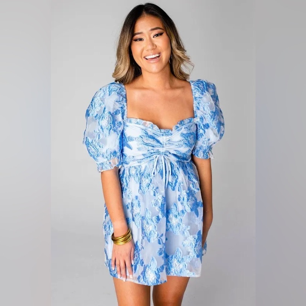 Buddy Love Light Blue Floral Puff-Sleeve Mini Dress